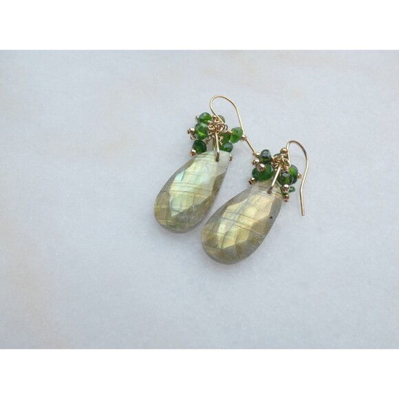 Golden Labradorite - Chrome Diopside - Beaded Gold Earrings - Picture 7 of 7